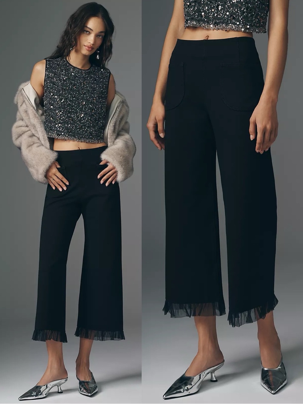 NWT Anthropologie Maeve Colette Tulle High Rise Wide Leg Cropped Pants Black